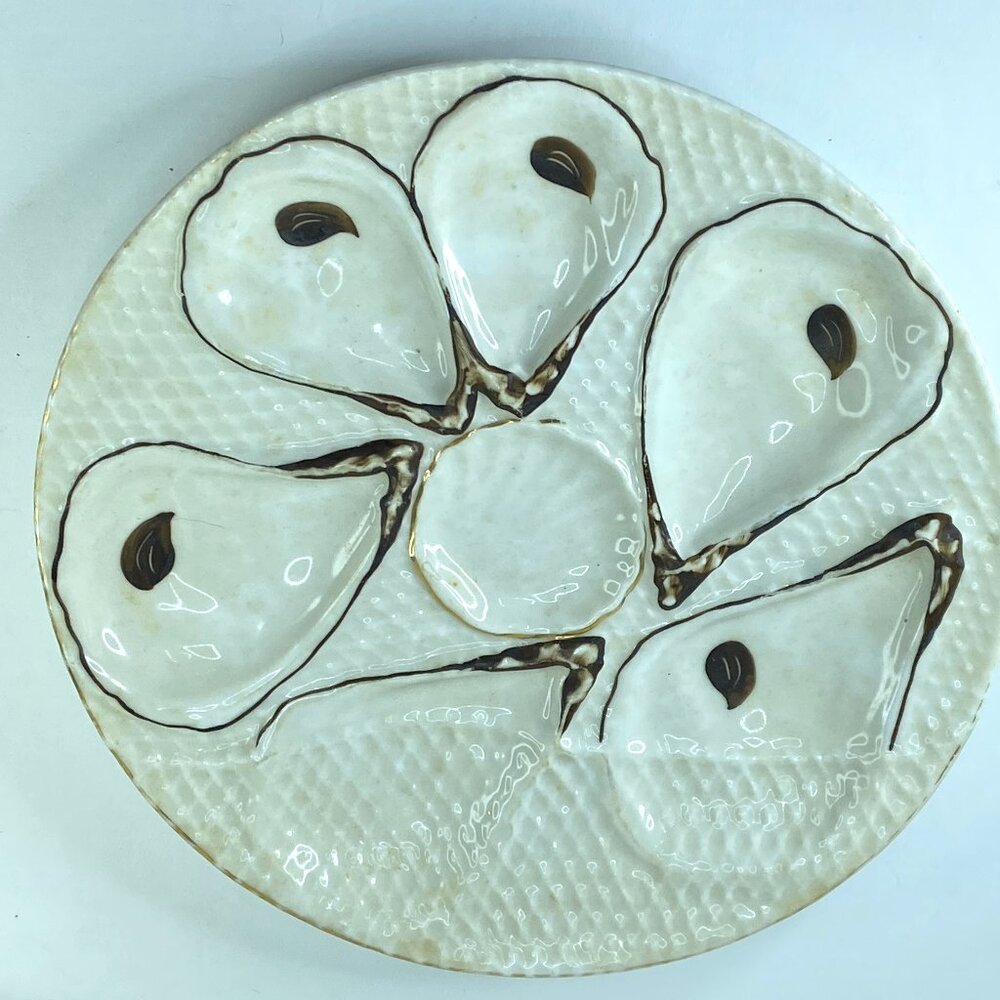 Antique Trompe L’oeil, "Napkin" Six Well Oyster Plate Number 0292 8.5" A397
